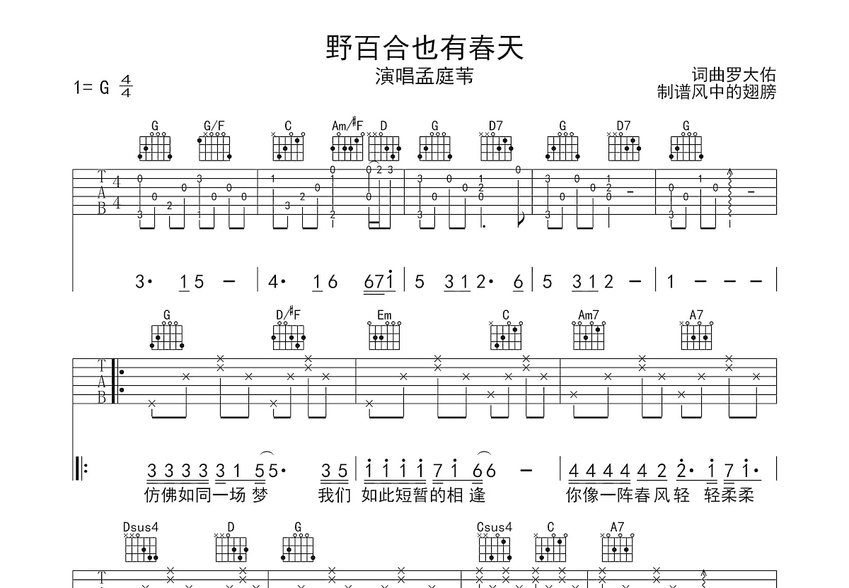 野百合也有春天吉他谱预览图