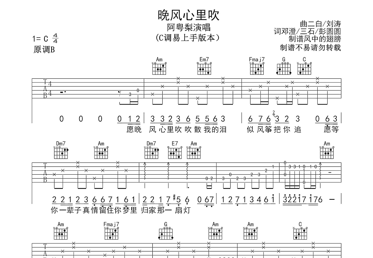 晚风心里吹吉他谱预览图