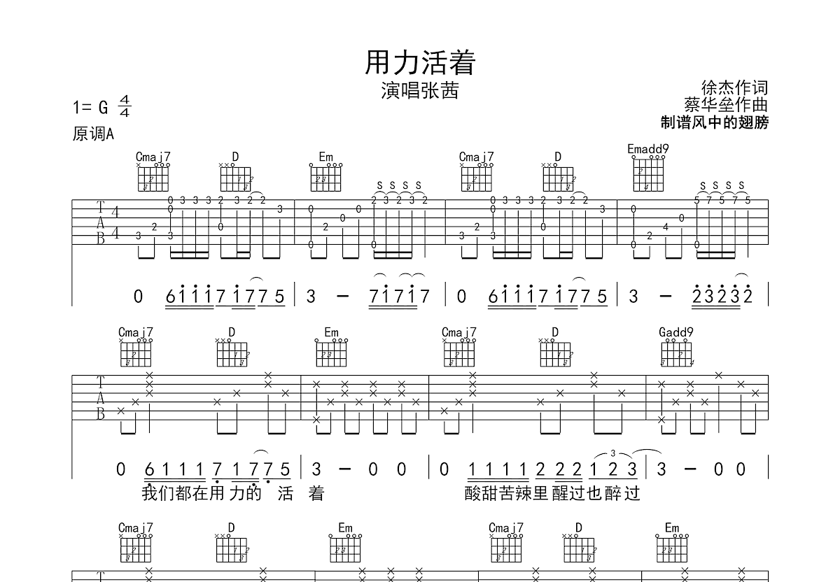 用力活着吉他谱预览图