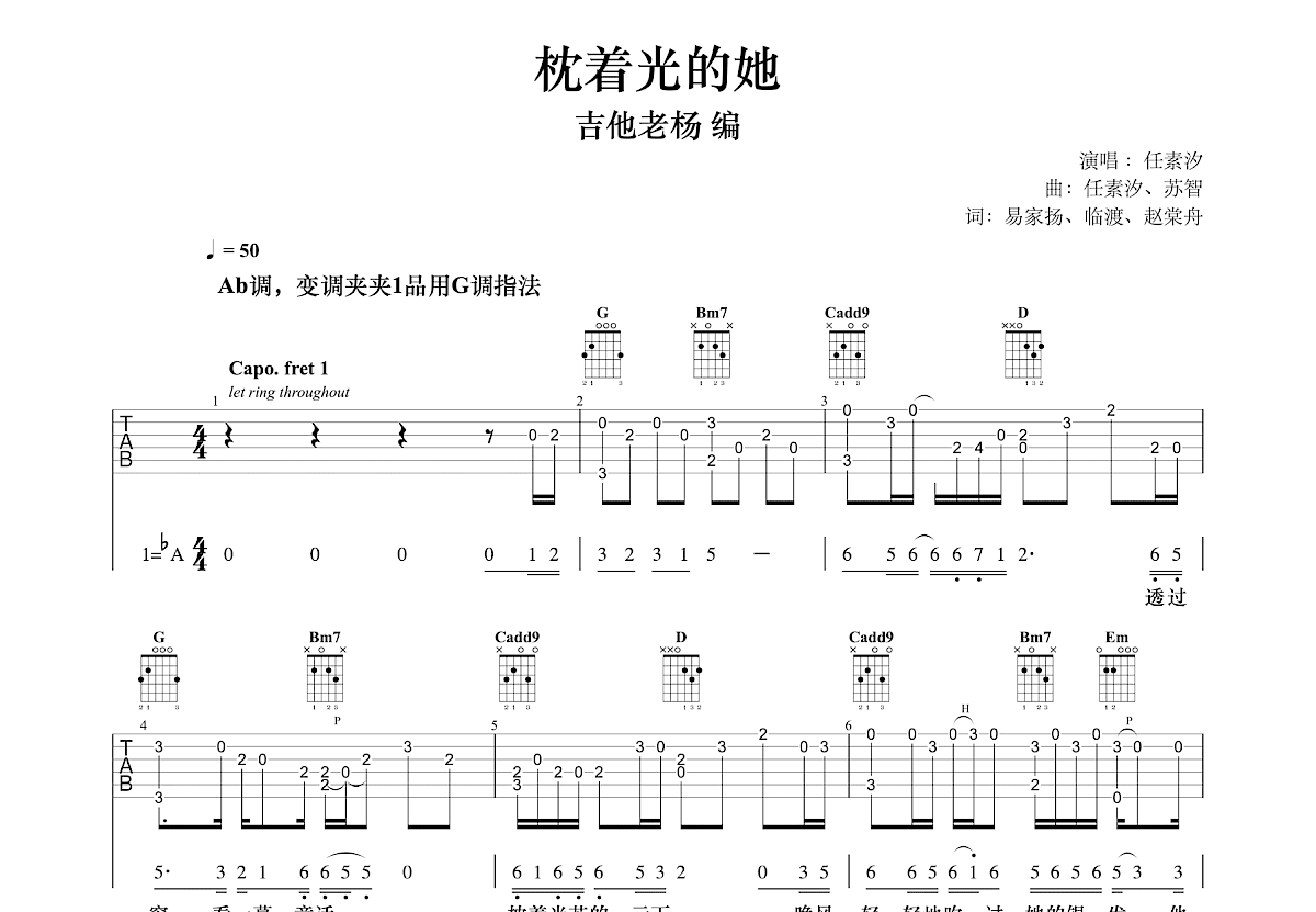 枕着光的她吉他谱预览图