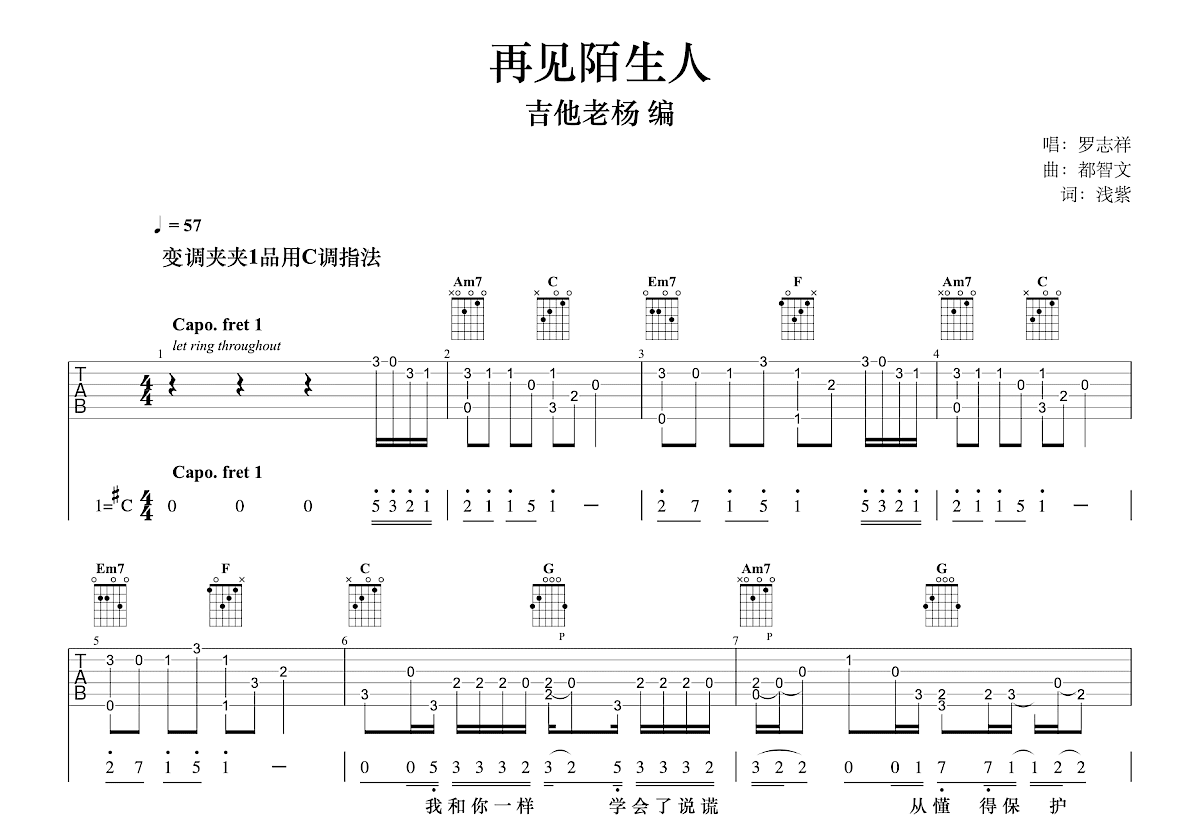 再见陌生人吉他谱预览图