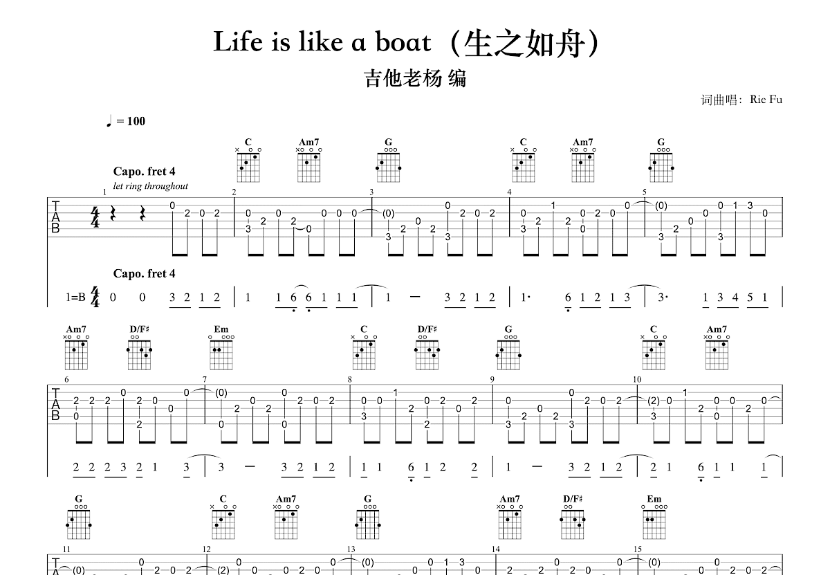 Life is like a boat吉他谱_Rie Fu_G调指弹