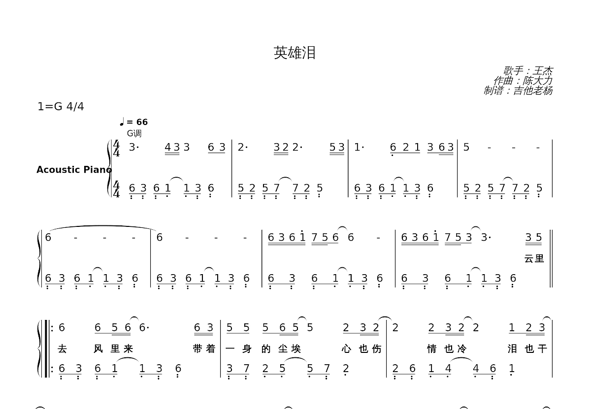 英雄泪简谱预览图