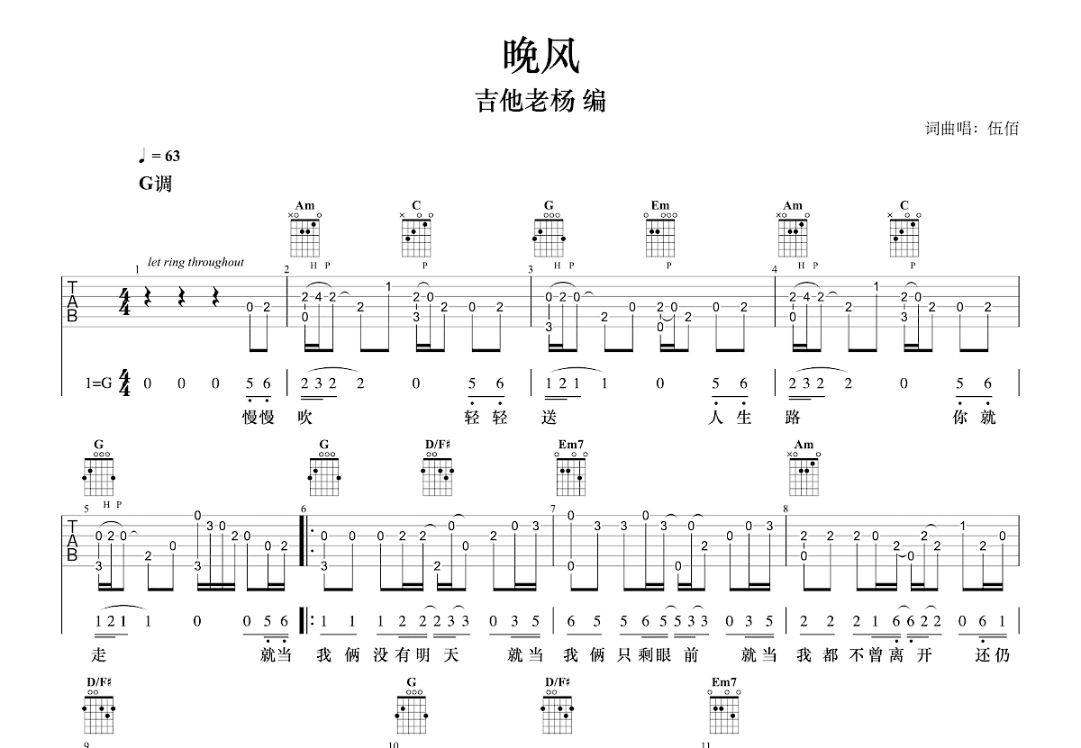 晚风吉他谱_伍佰_G调指弹