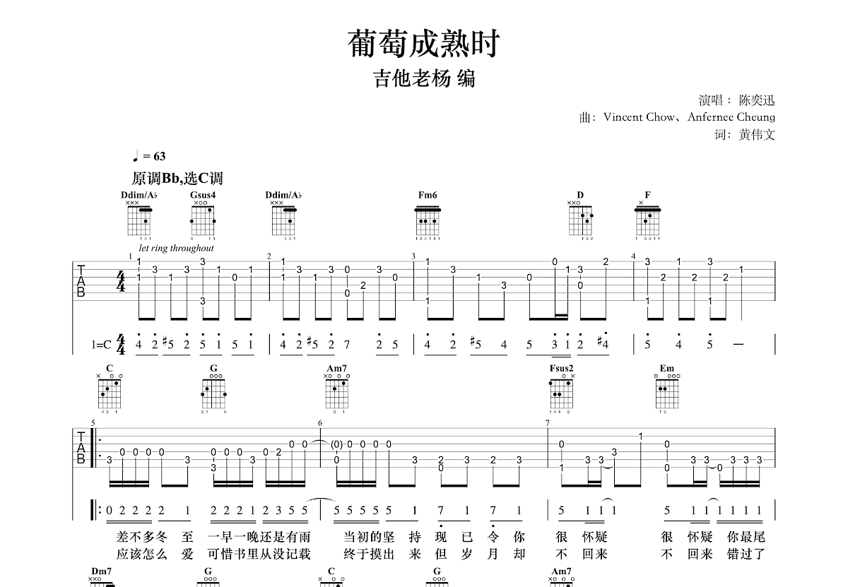 葡萄成熟时吉他谱预览图