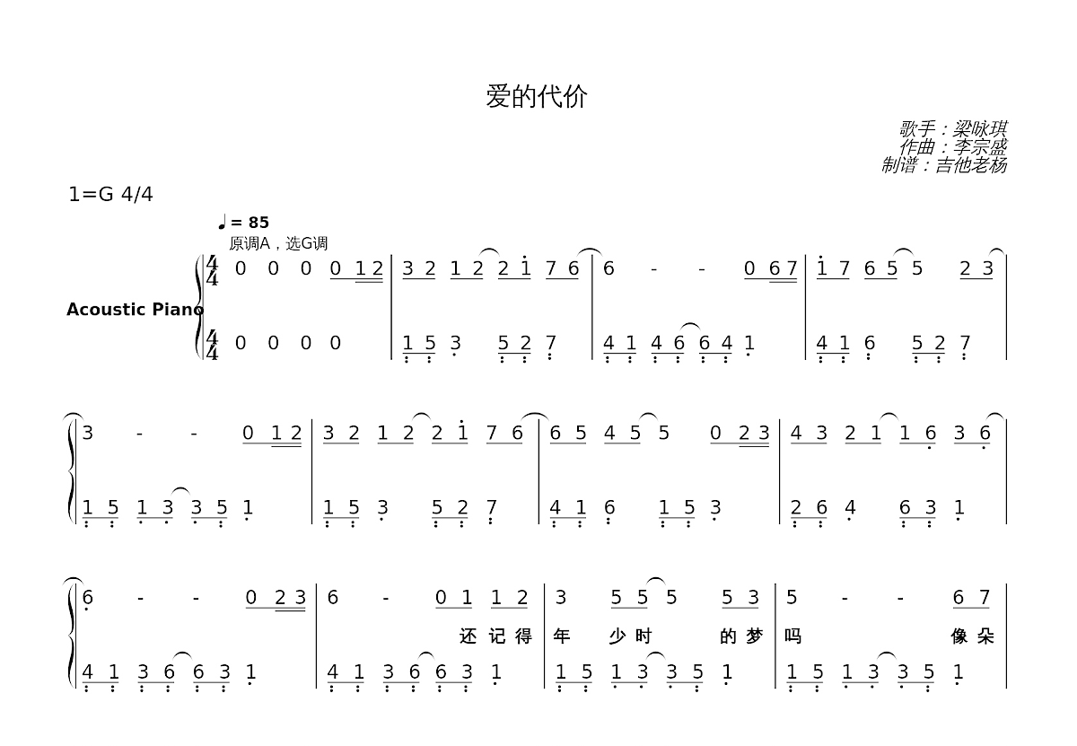 爱的代价简谱预览图