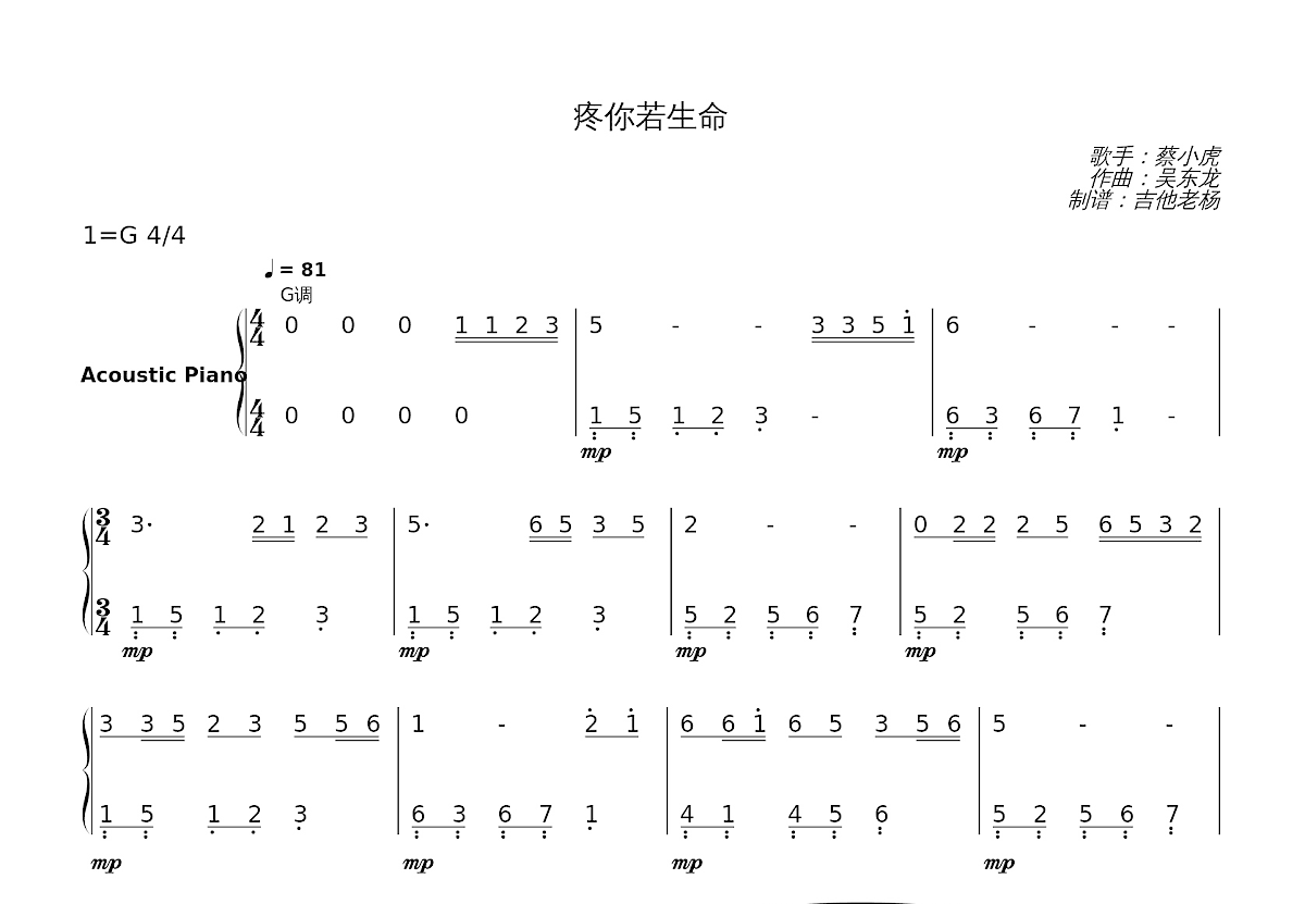 疼你若生命简谱预览图