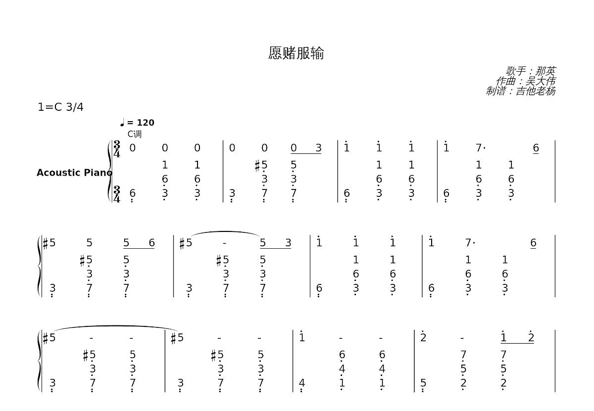 愿赌服输简谱预览图