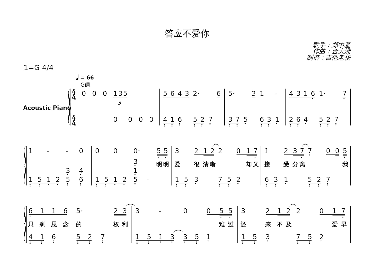 答应不爱你简谱预览图