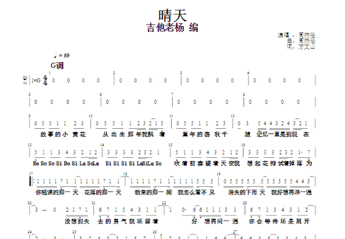 晴天吉他谱预览图