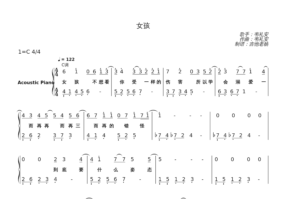 女孩简谱预览图