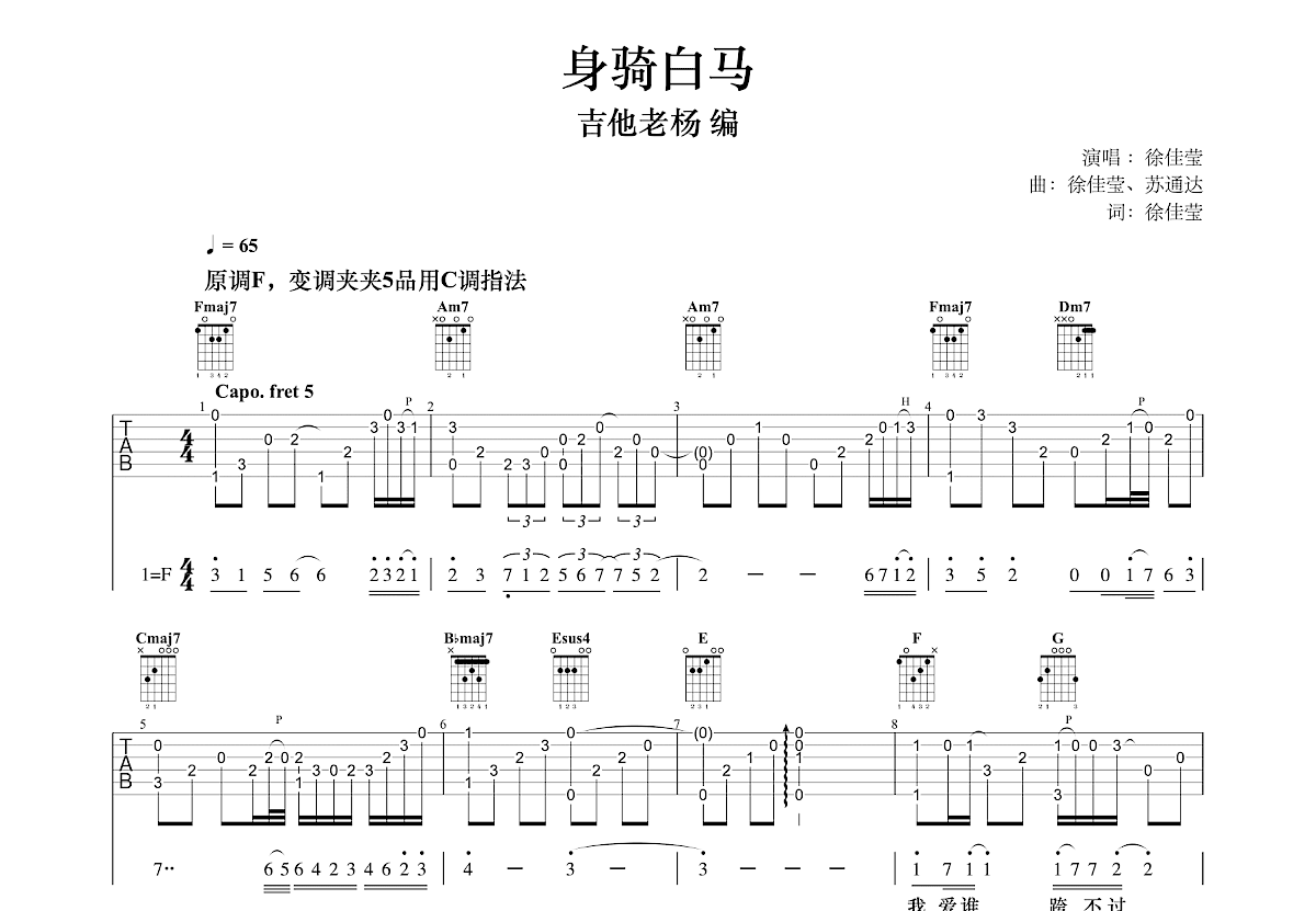 身骑白马吉他谱预览图