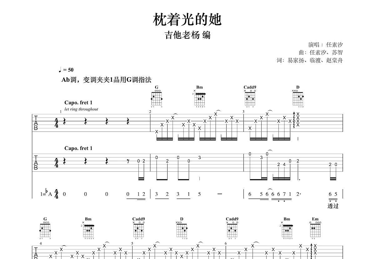 枕着光的她吉他谱预览图