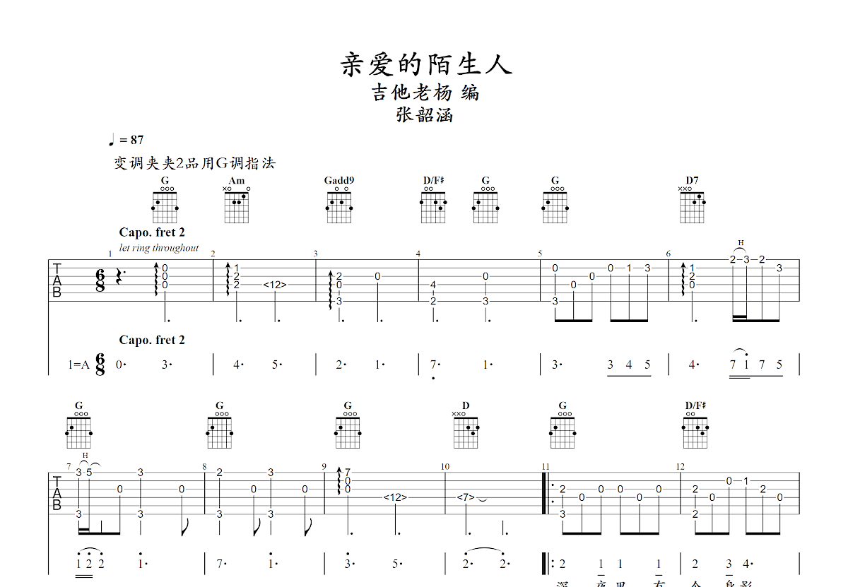 亲爱的陌生人吉他谱预览图