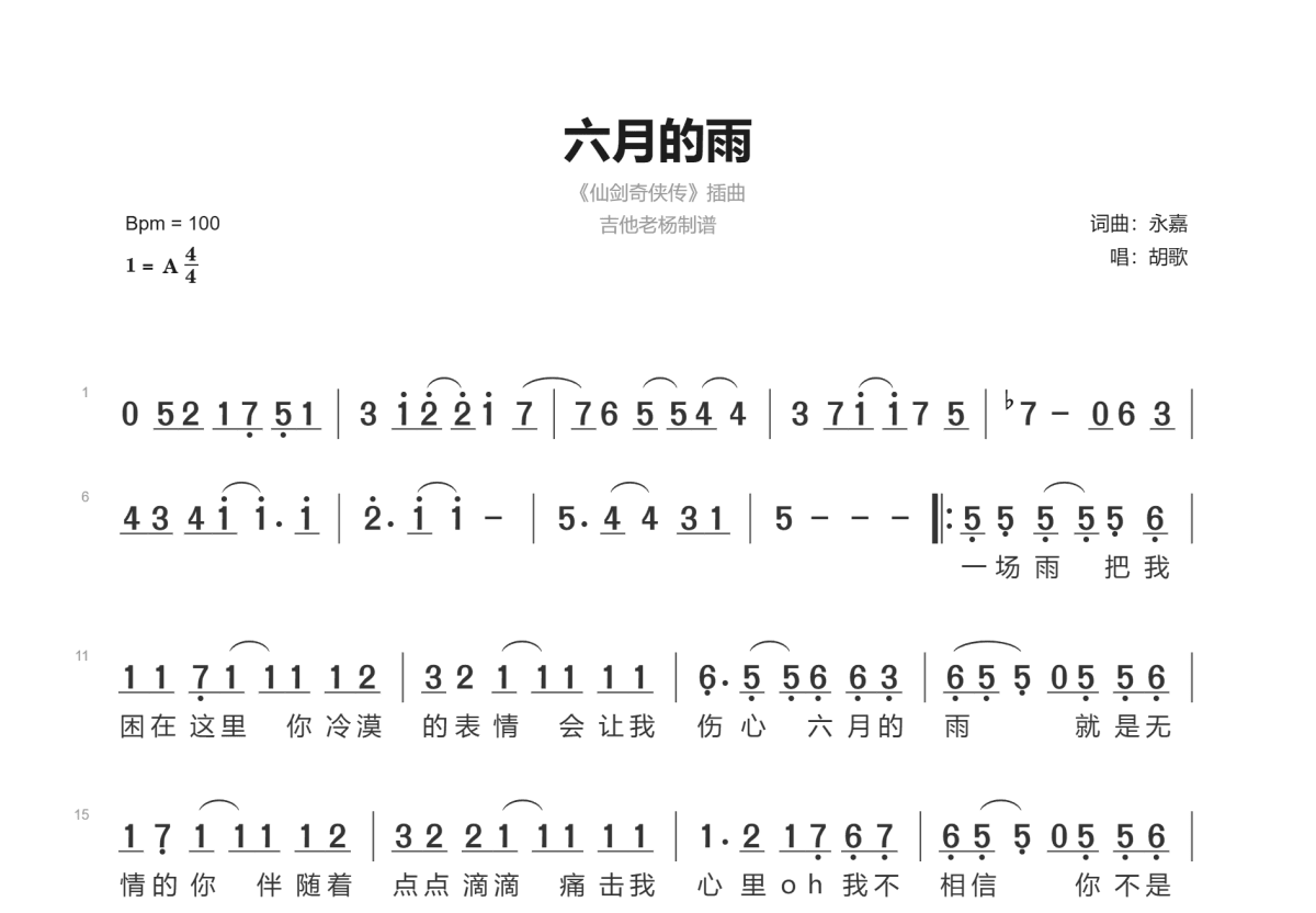 六月的雨简谱预览图