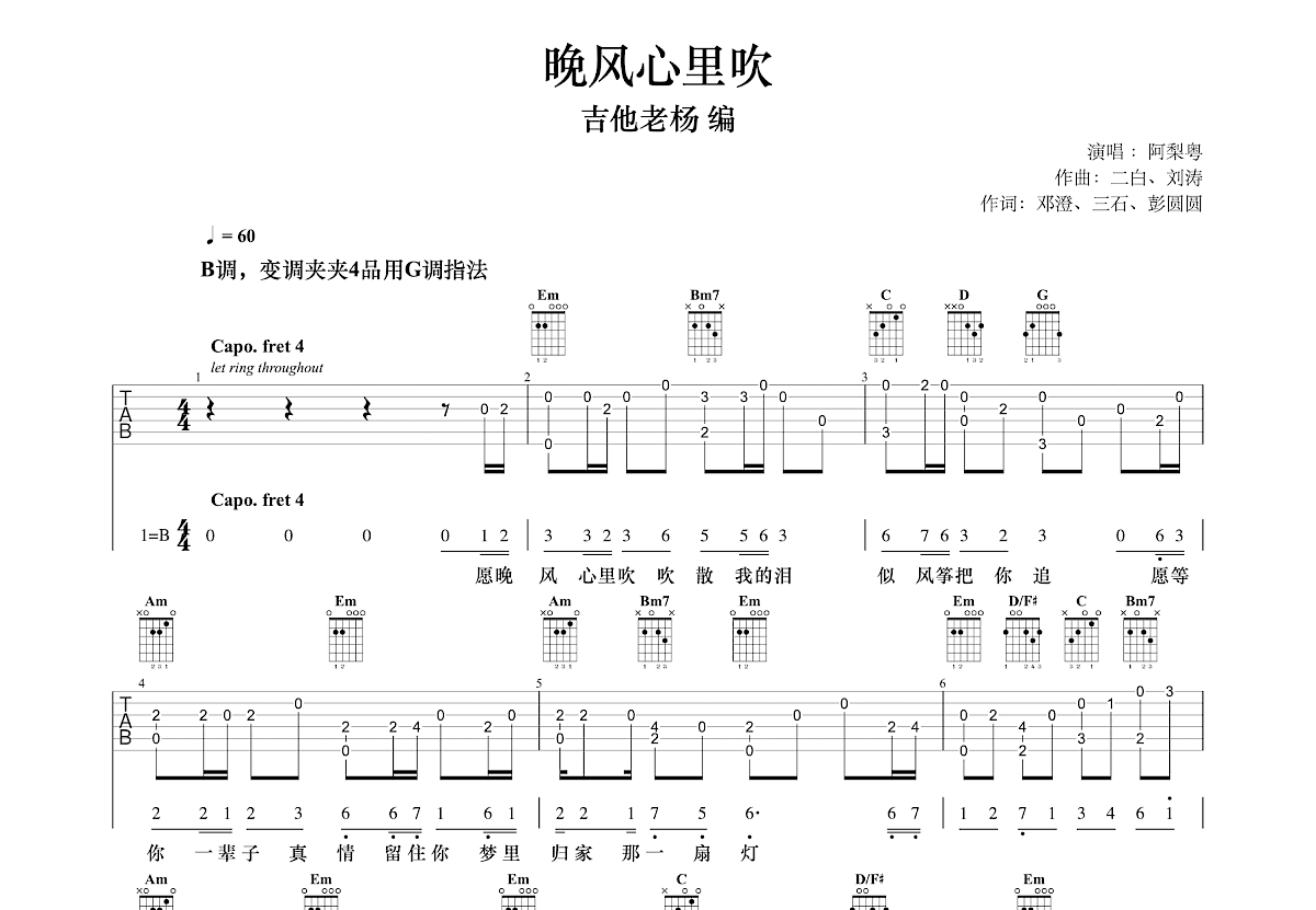 晚风心里吹吉他谱预览图