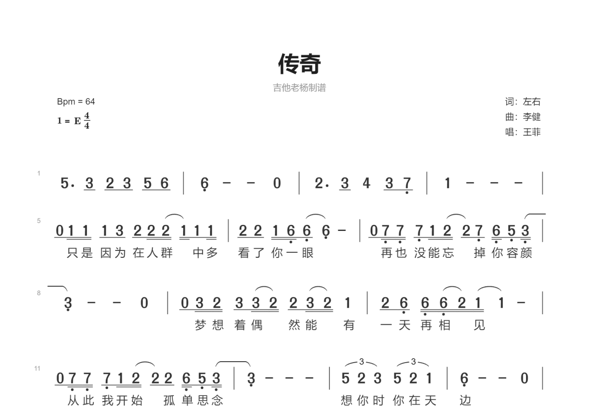 传奇简谱预览图