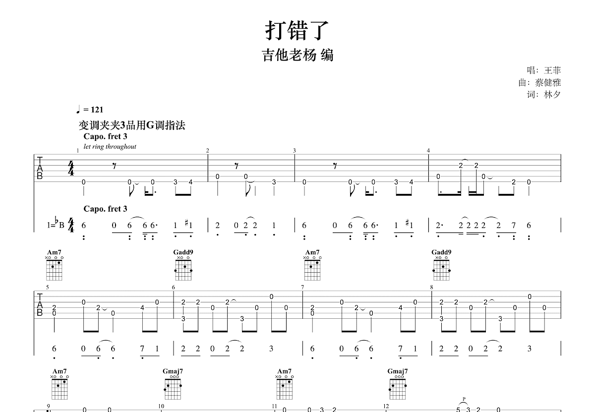打错了吉他谱_王菲_G调指弹