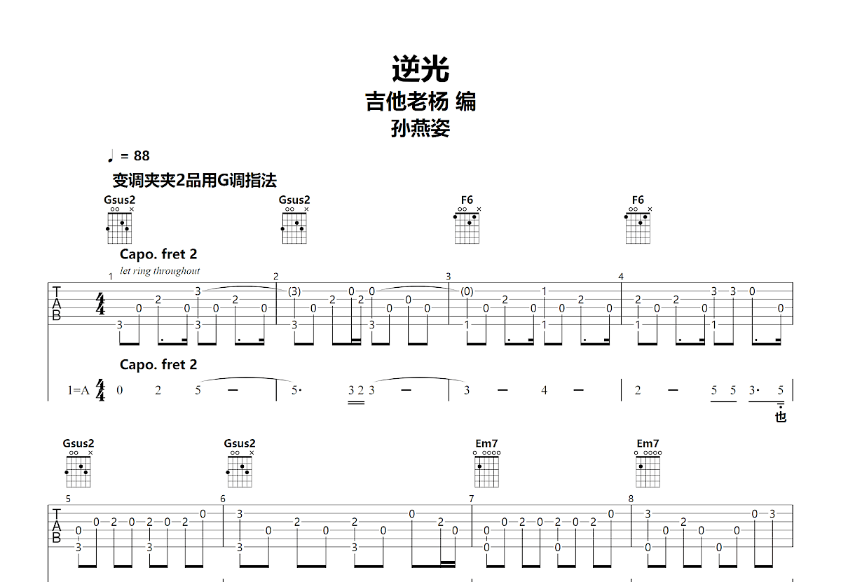 逆光吉他谱预览图