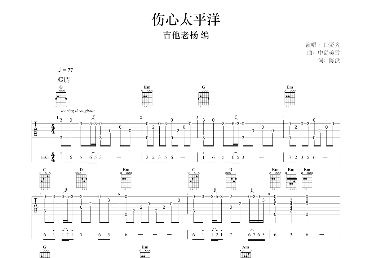 伤心太平洋吉他谱预览图