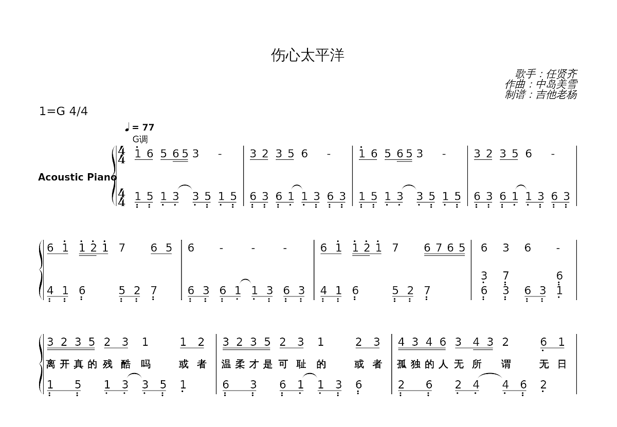 伤心太平洋简谱预览图