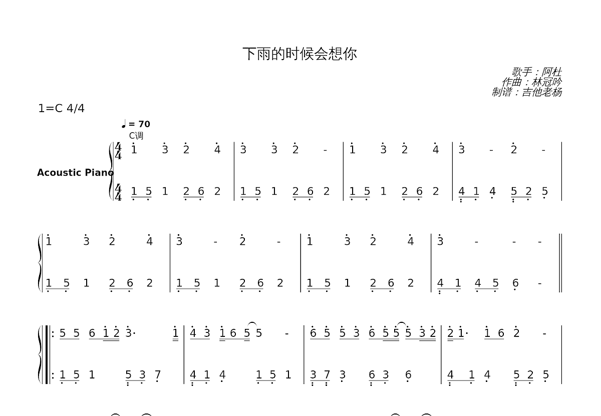 下雨的时候会想你简谱预览图