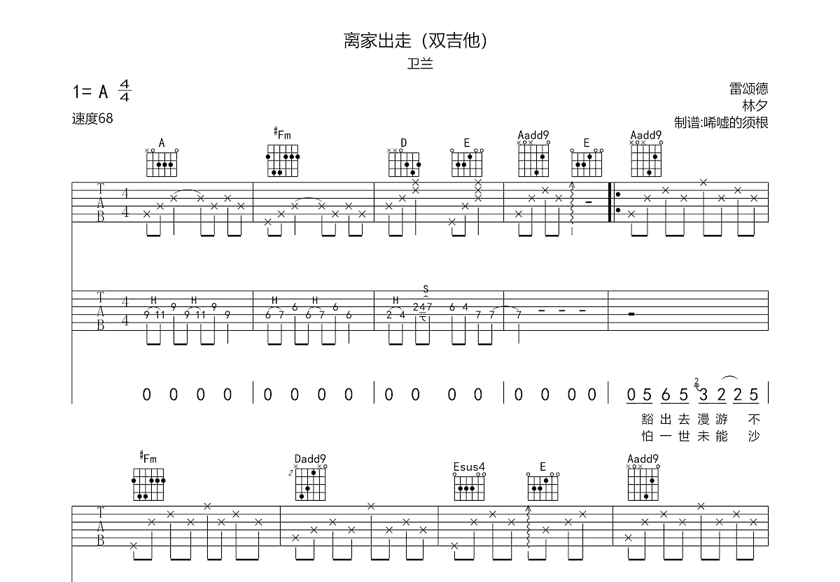 离家出走吉他谱预览图