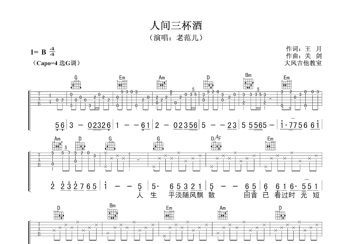 人间三杯酒吉他谱预览图