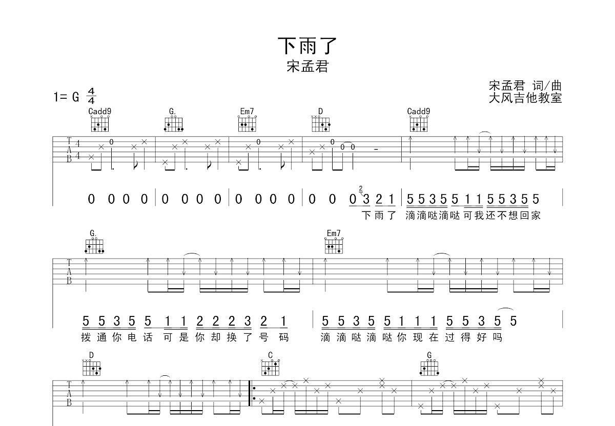 下雨了吉他谱预览图