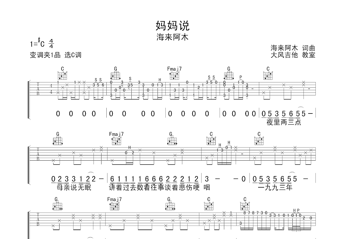 妈妈说吉他谱预览图