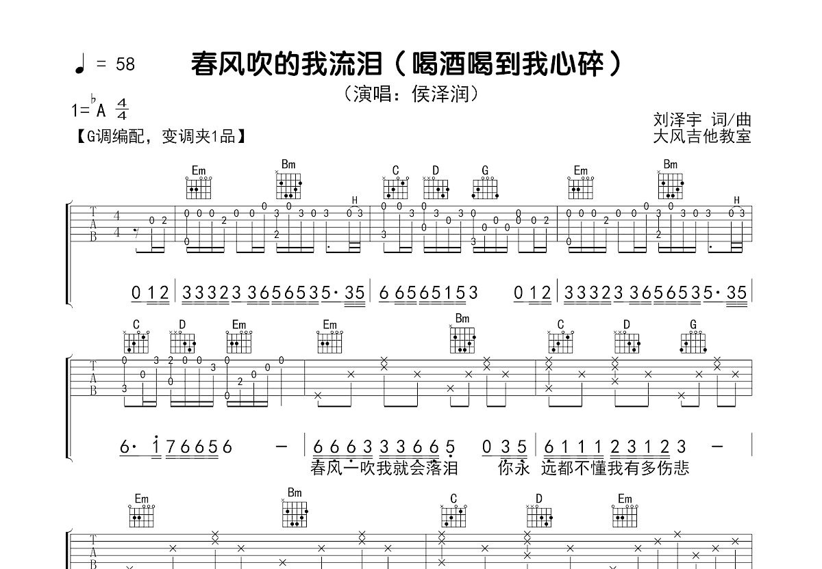 春风吹的我流泪吉他谱预览图