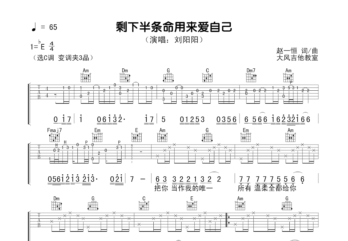 剩下半条命用来爱自己吉他谱预览图