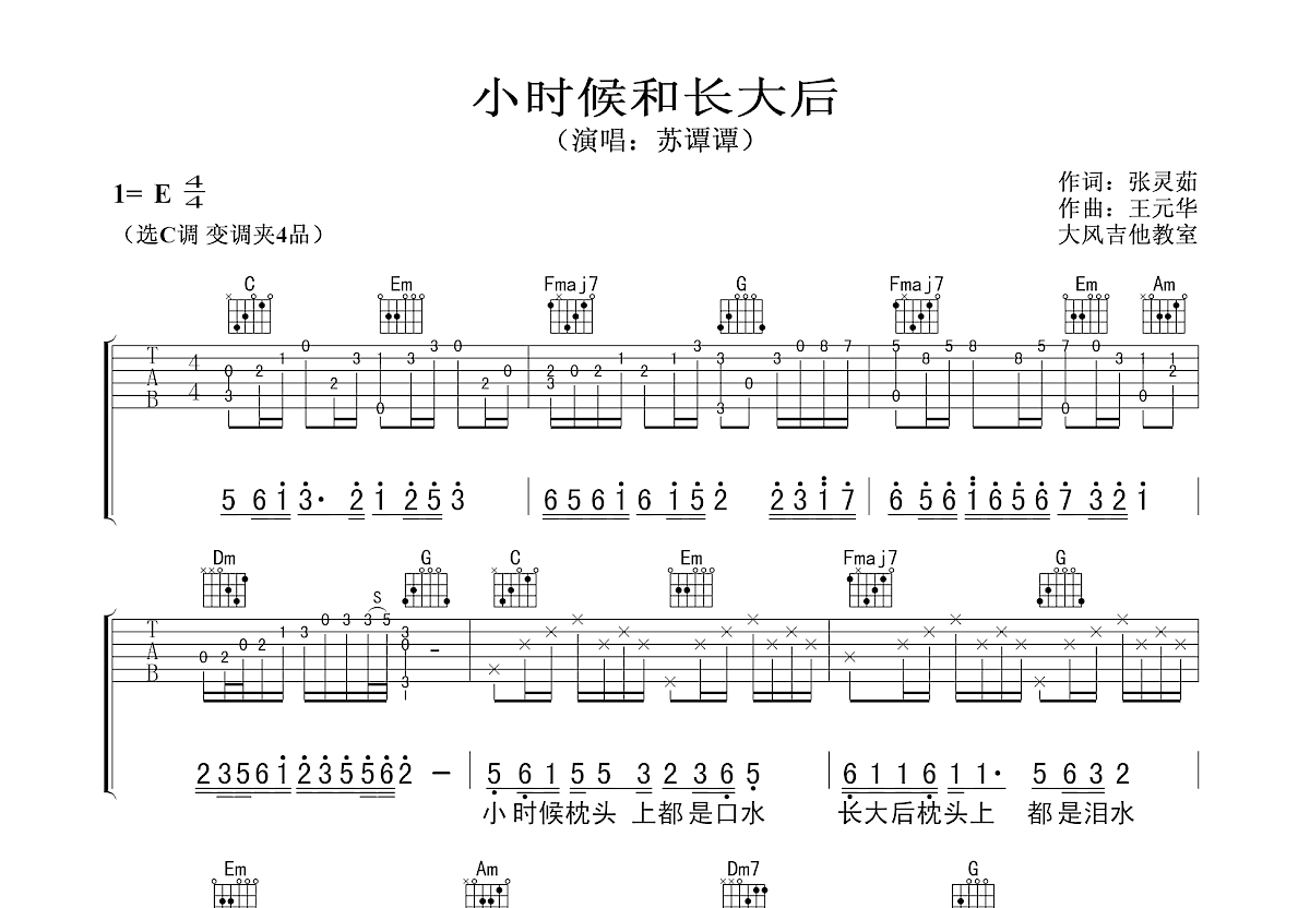 小时候和长大后吉他谱预览图