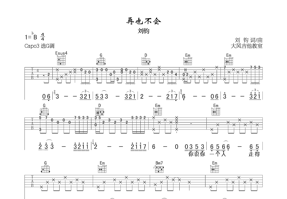 再也不会吉他谱预览图