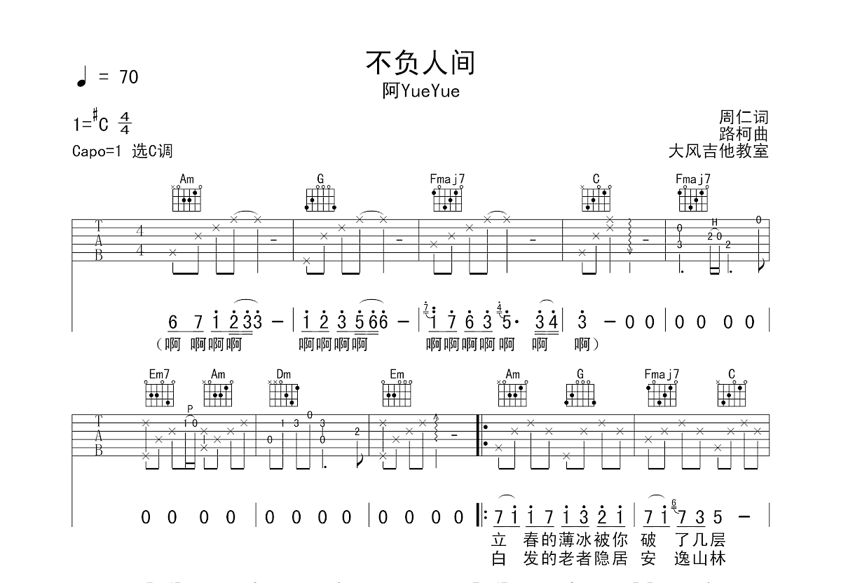 不负人间吉他谱预览图