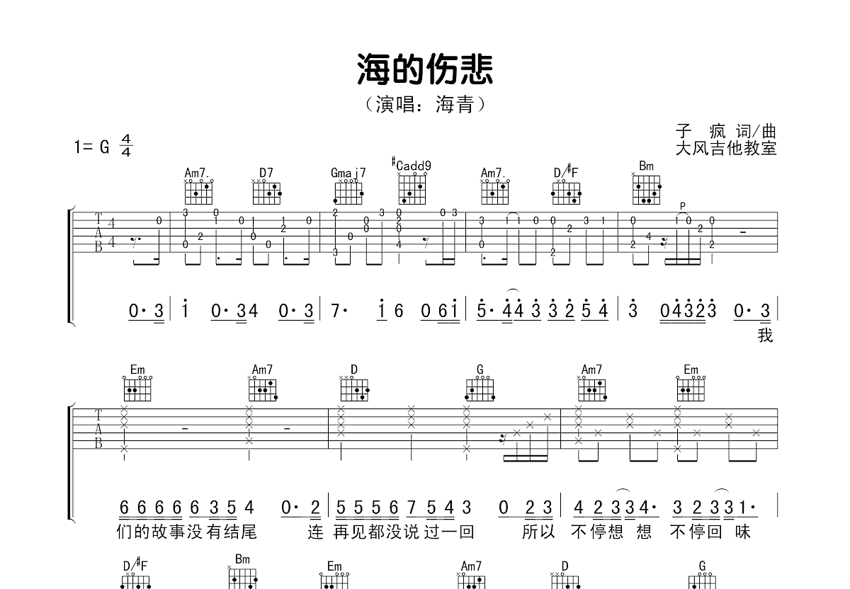 海的伤悲吉他谱预览图