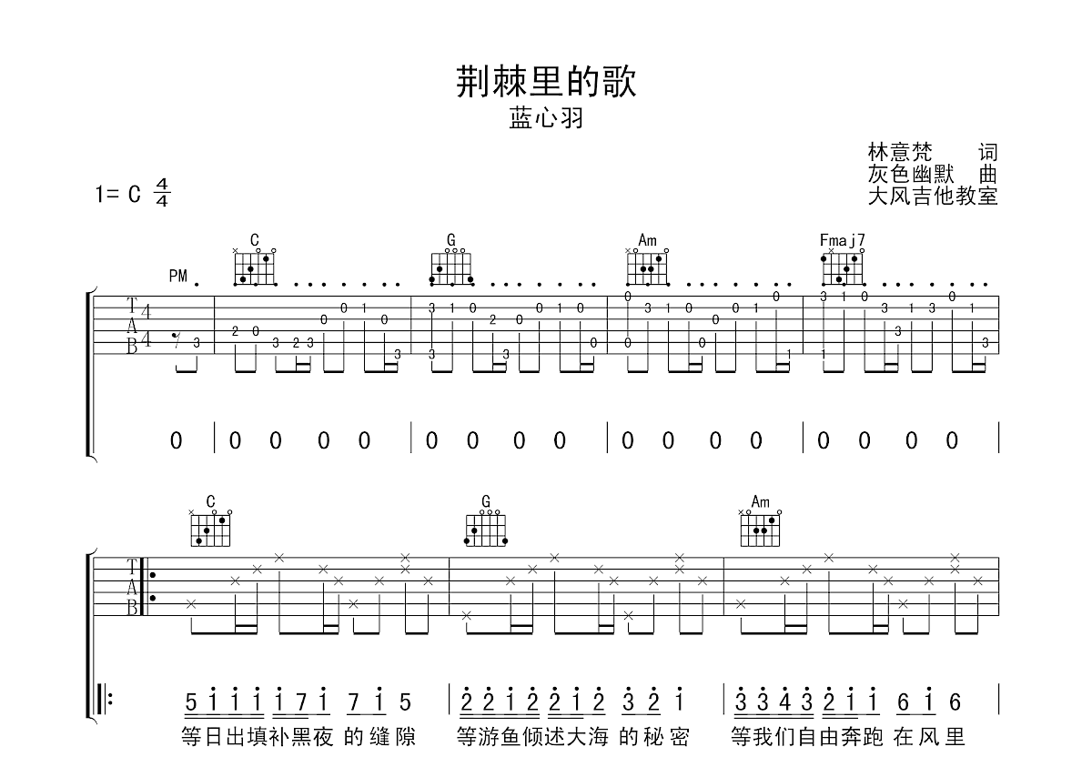 荆棘里的歌吉他谱_蓝心羽_C调弹唱