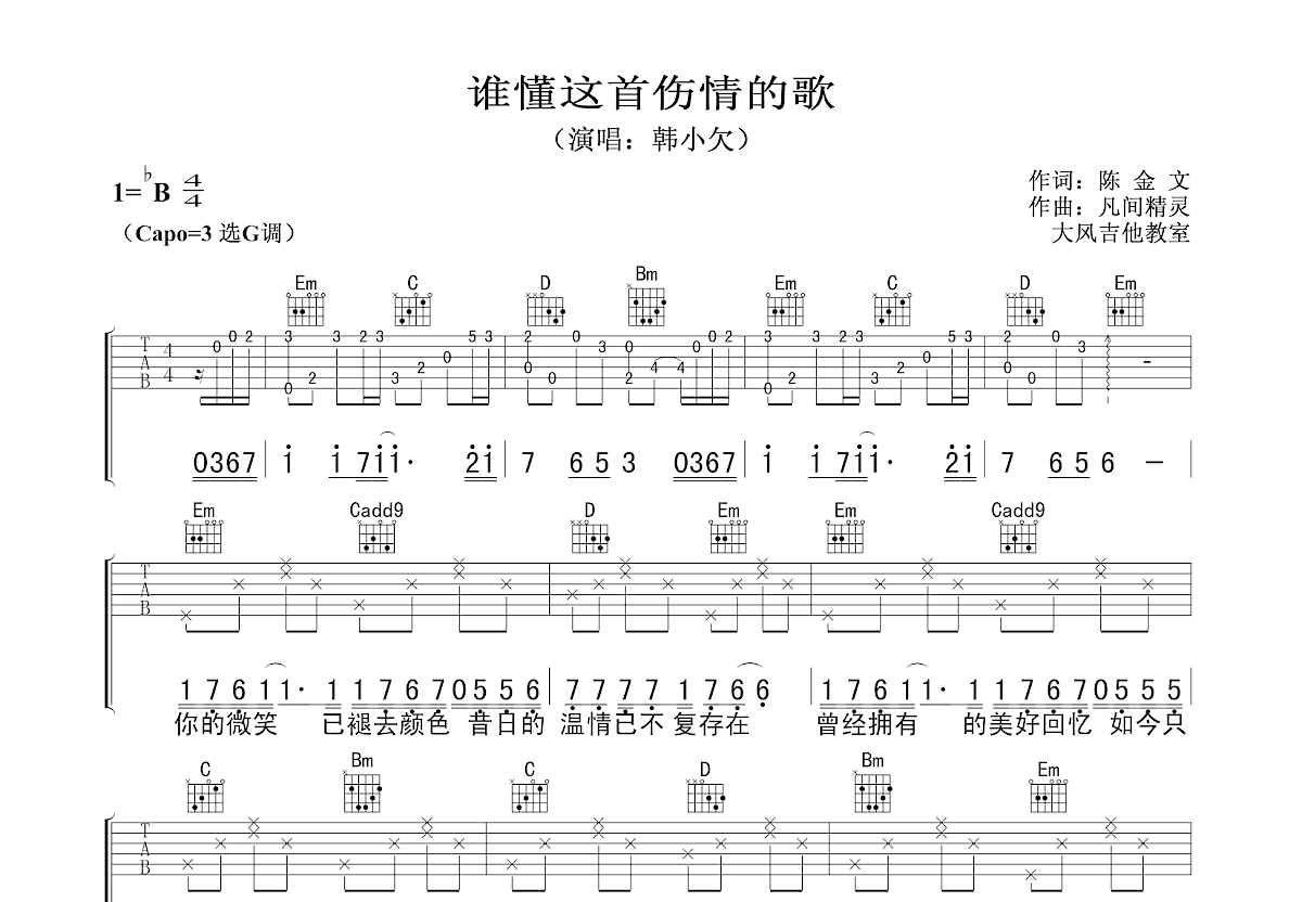 谁懂这首伤情的歌吉他谱预览图