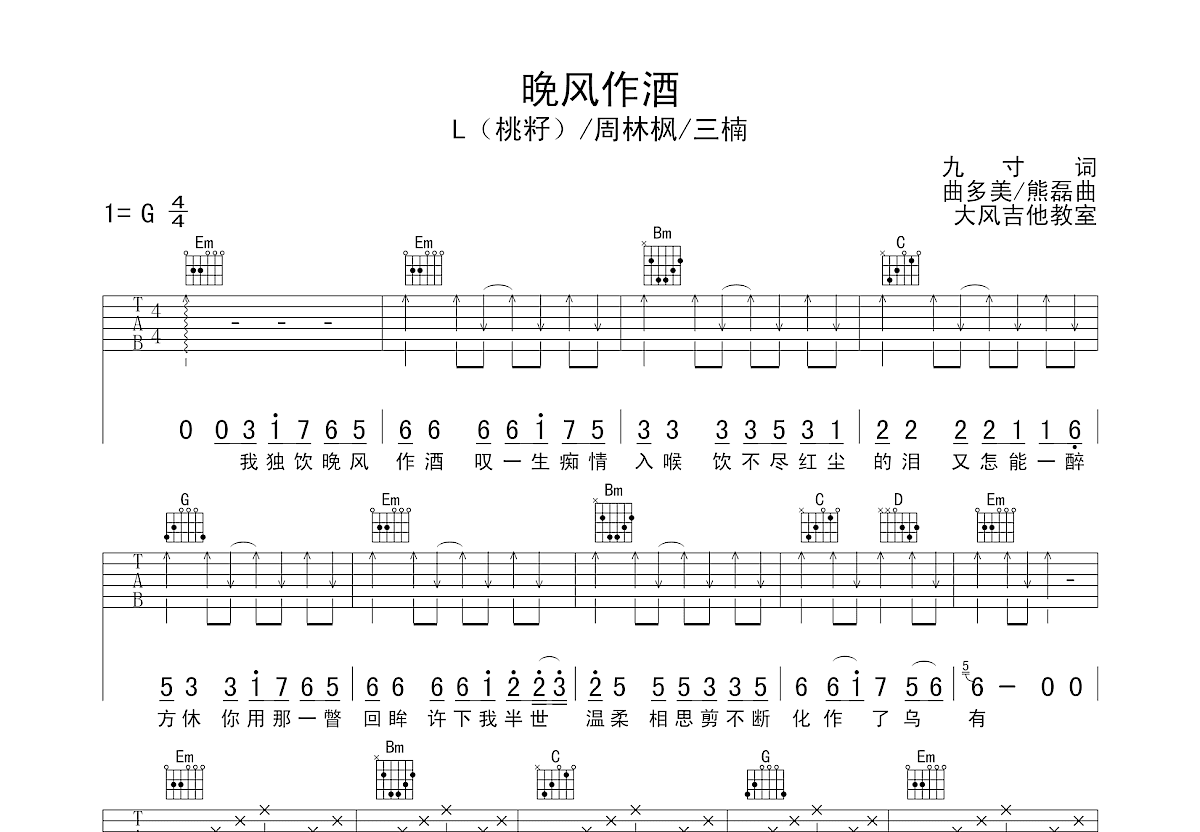 晚风作酒吉他谱预览图