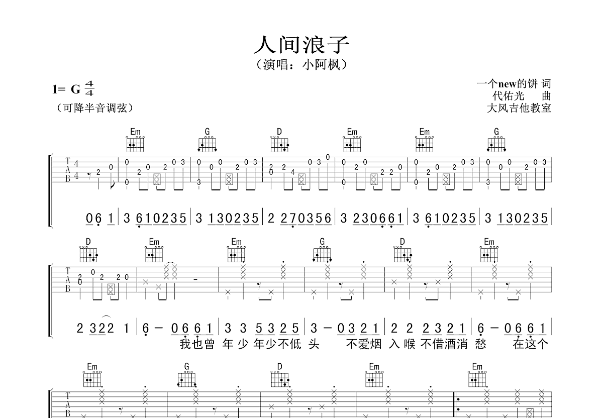 人间浪子吉他谱预览图