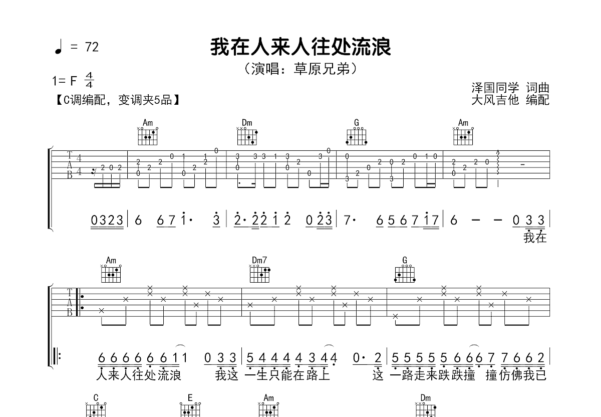 我在人来人往处流浪吉他谱_草原兄弟_C调弹唱
