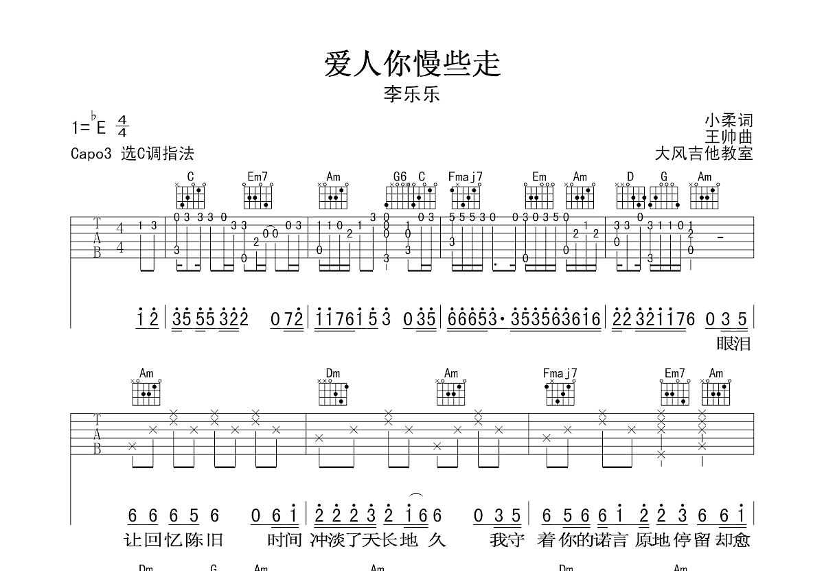 爱人你慢些走吉他谱预览图