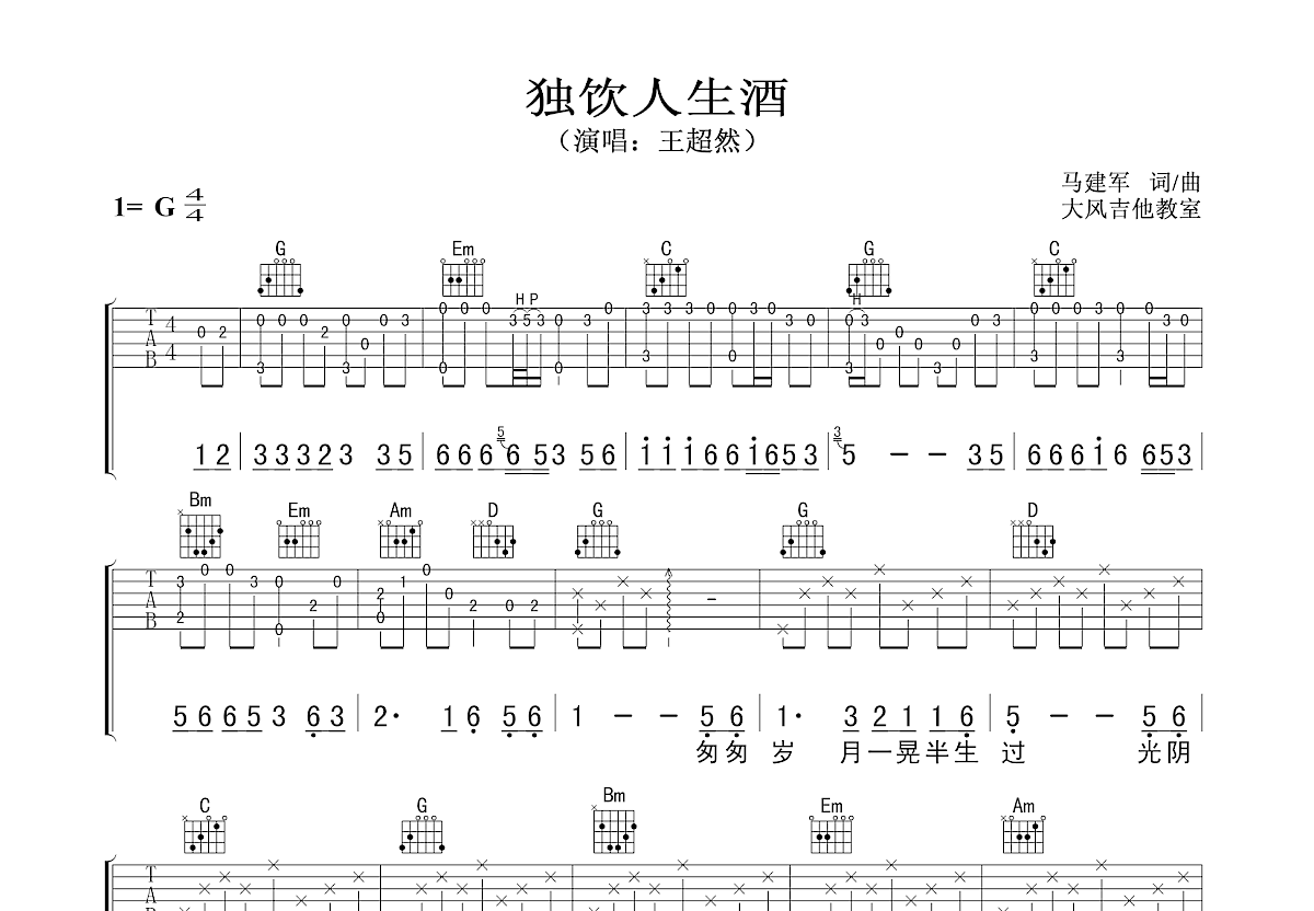 独饮人生酒吉他谱预览图