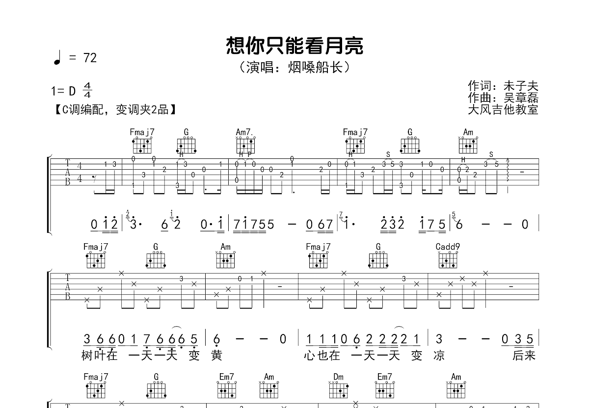想你只能看月亮吉他谱预览图