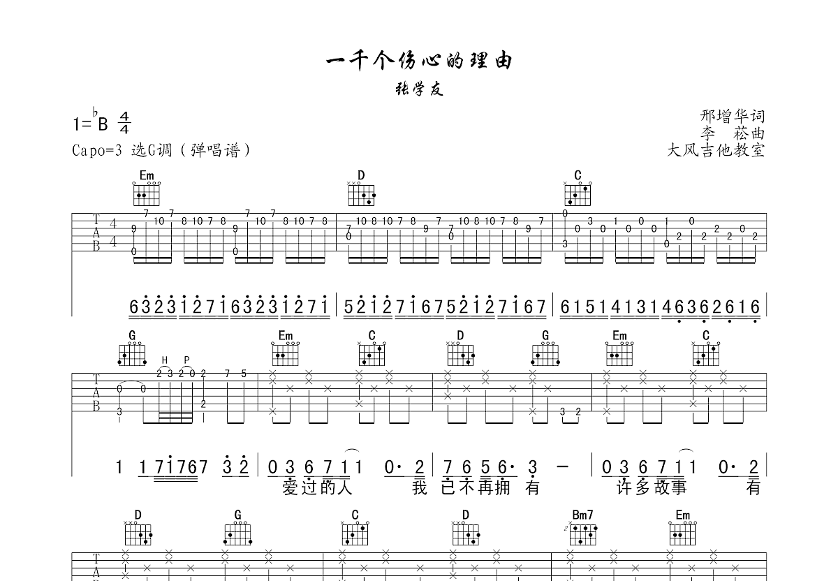 一千个伤心的理由吉他谱预览图