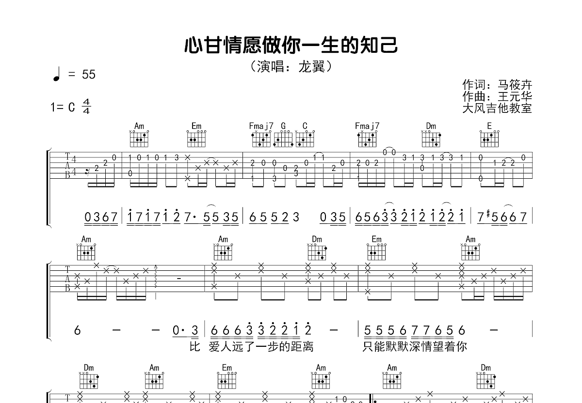 心甘情愿做你一生的知己吉他谱预览图