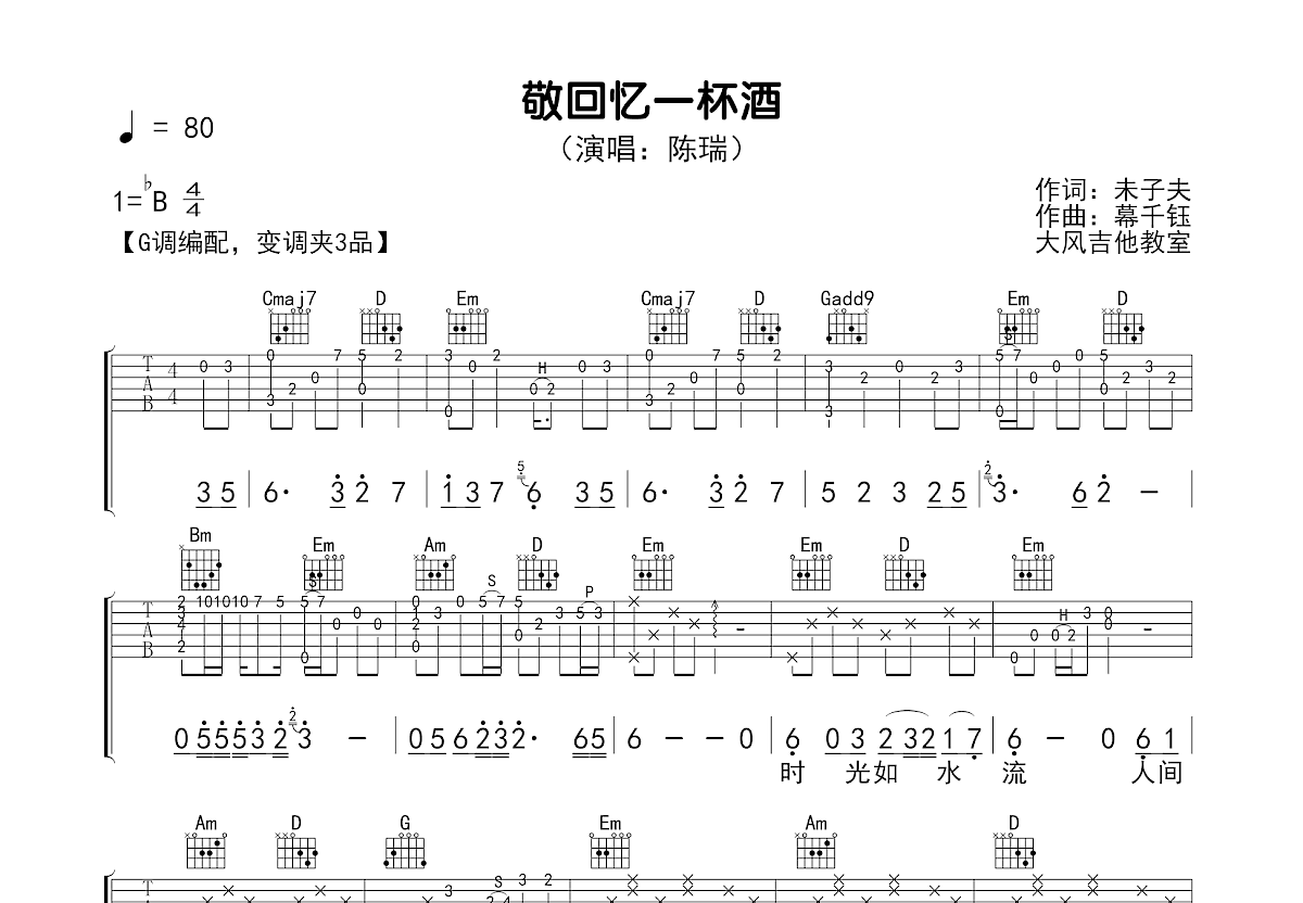 敬回忆一杯酒吉他谱_陈瑞_G调弹唱