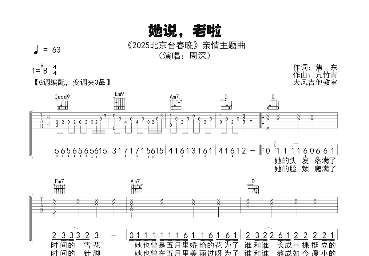 她说，老啦吉他谱预览图