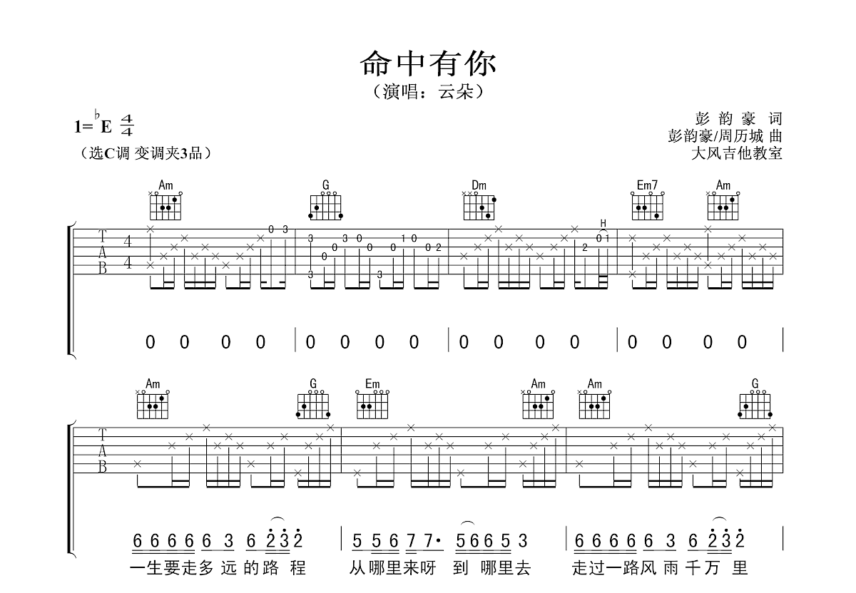 命中有你吉他谱预览图