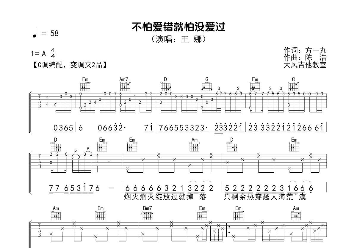 不怕爱错就怕没爱过吉他谱预览图